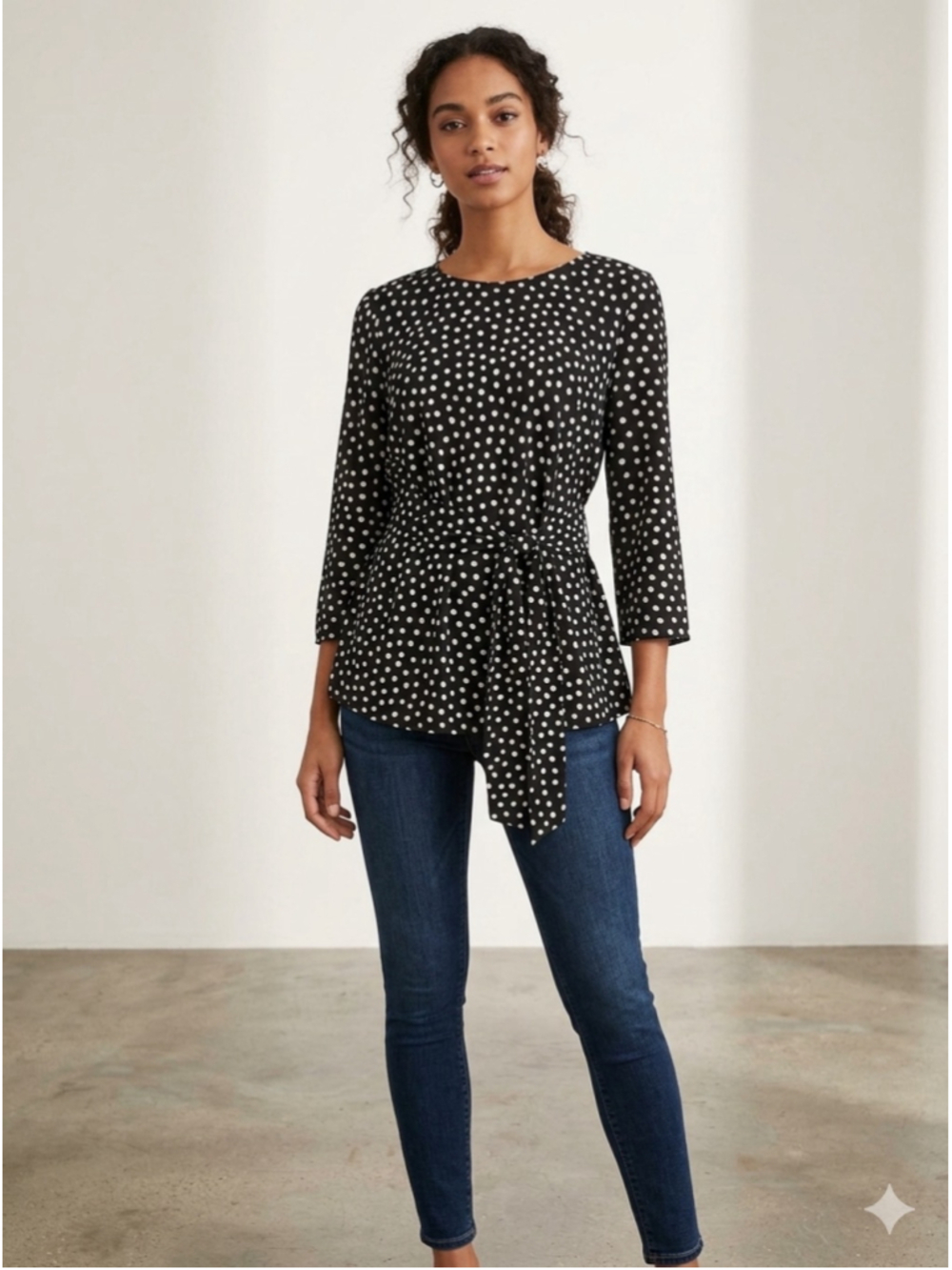 Women's Blousology Polka Dot Tie-Waist Blouse, Size M, Black and White 1933